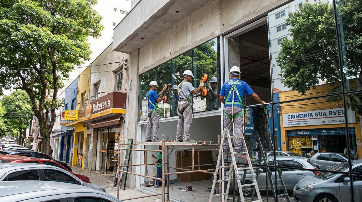 Fachada de vidro com confeitaria vizinha em Guarulhos-SP