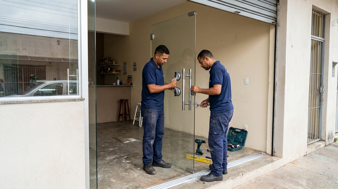 Dupla instalando porta de vidro em loja em Guarulhos-SP